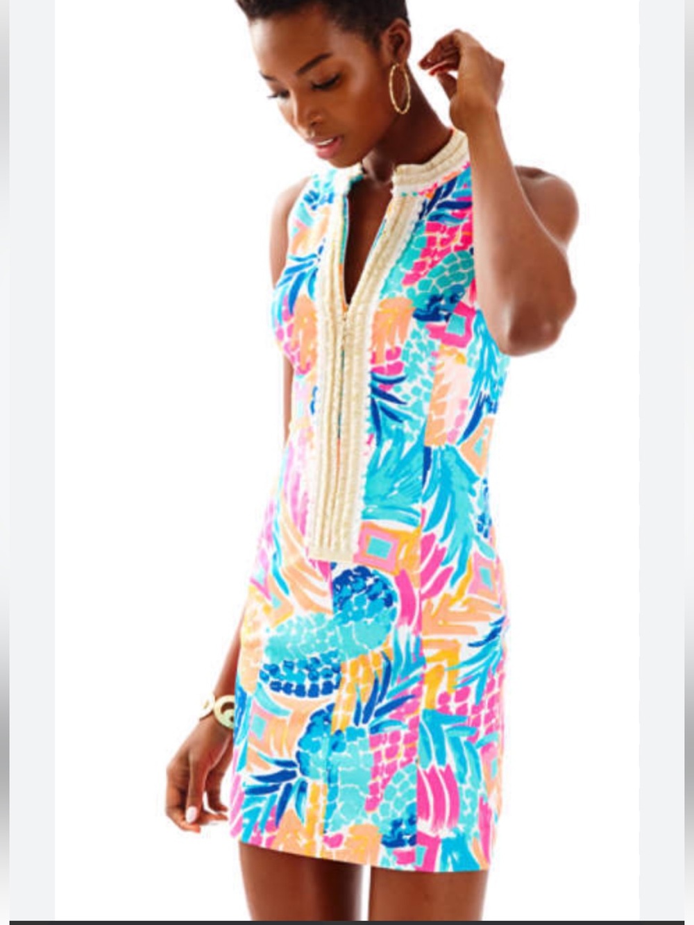 Lilly Pulitzer Alexa tropical print gold fringe trim mini dress